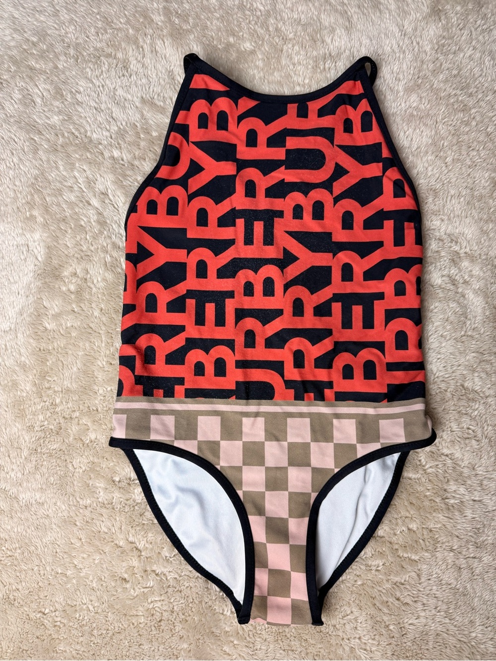 Burberry Girls Sandi Logo One Piece Swimsuit 6Y 116 Red Black Check